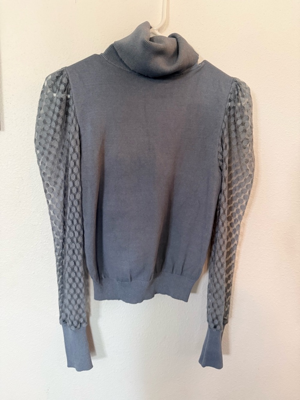 Love Tree Gray Turtleneck Sweater with Sheer Dot Puff Sleeves